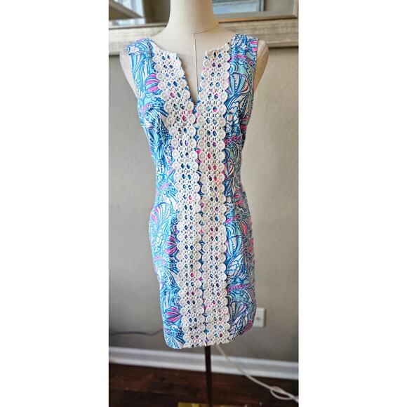 Lilly Pulitzer Embroidered My Fans Split Neck Shift Dress Women Size 2 Blue Pink - Picture 2 of 7